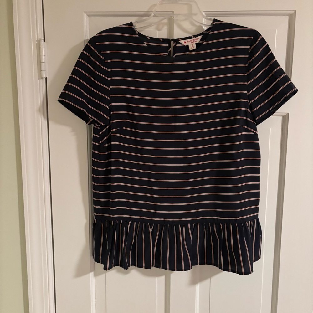 BROOKS BROTHERS Striped Peplum Short-Sleeve Top - Navy and Pink